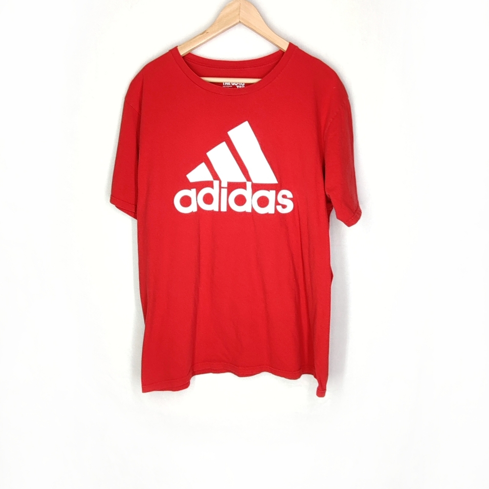 Adidas tee, size Xlarge, red t-shirt short sleeve, white logo.